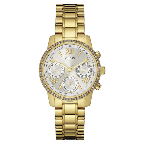 Guess Mini Sunrise Diamonds Silver Dial Gold Steel Strap Watch for Women - W0623L3 Buy Now By Guess