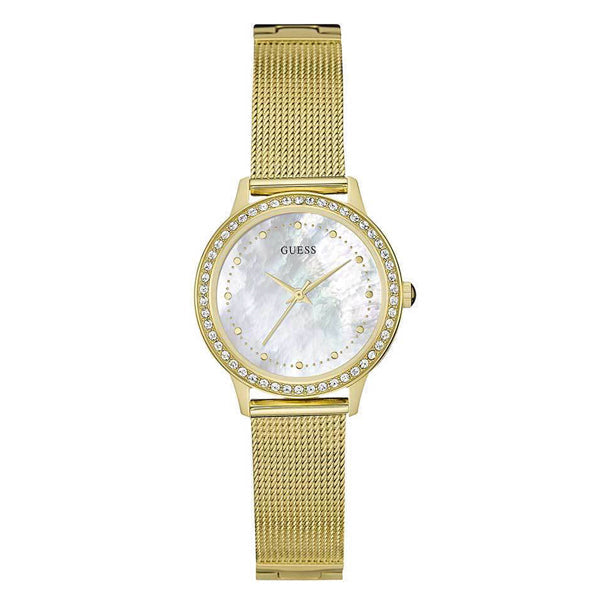 Guess Chelsea Mother of Pearl White Dial Gold Mesh Strap Watch For Women - W0647L3 Buy Now By Guess