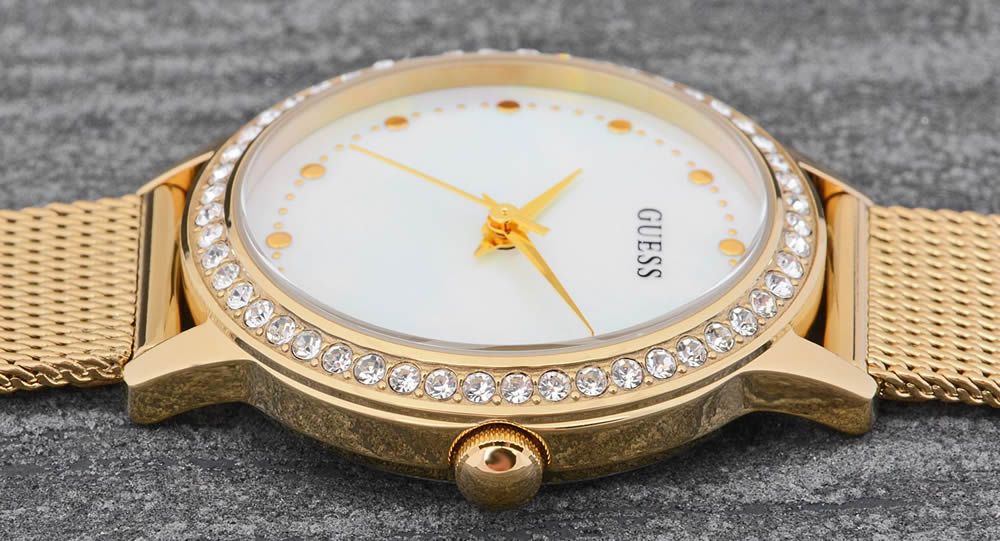 Guess Chelsea Mother of Pearl White Dial Gold Mesh Strap Watch For Women - W0647L3 Buy Now By Guess