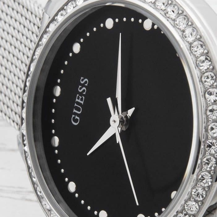 Guess Chelsea Crystals Black Dial Silver Mesh Bracelet Watch For Women - W0647L5 Buy Now By Guess