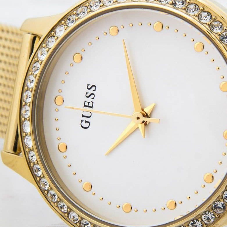 Guess Chelsea Crystals Mother of Pearl White Dial Gold Mesh Bracelet Watch For Women - W0647L7 Buy Now By Guess