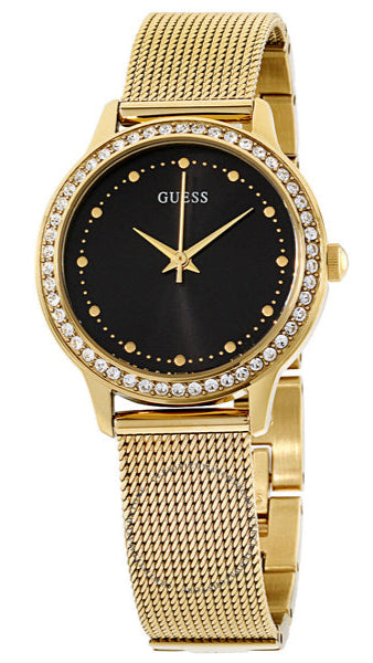 Guess Chelsea Crystals Black Dial Gold Mesh Bracelet Watch For Women - W0647L8 Buy Now By Guess