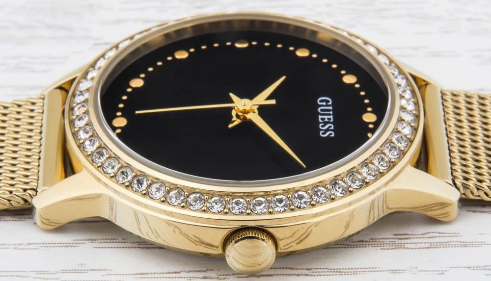 Guess Chelsea Crystals Black Dial Gold Mesh Bracelet Watch For Women - W0647L8 Buy Now By Guess
