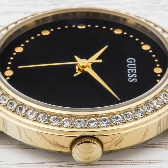 Guess Chelsea Crystals Black Dial Gold Mesh Bracelet Watch For Women - W0647L8 Buy Now By Guess