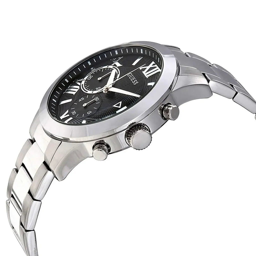 Guess Atlas Chronograph Black Dial Silver Steel Strap Watch For Men - W0668G3 Buy Now By Guess