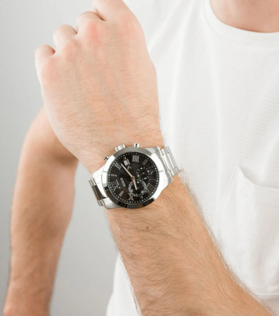 Guess Atlas Chronograph Black Dial Silver Steel Strap Watch For Men - W0668G3 Buy Now By Guess