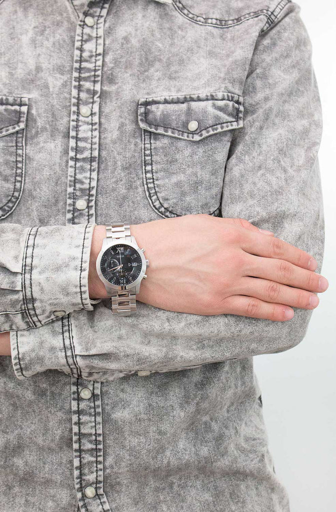Guess Atlas Chronograph Black Dial Silver Steel Strap Watch For Men - W0668G3 Buy Now By Guess