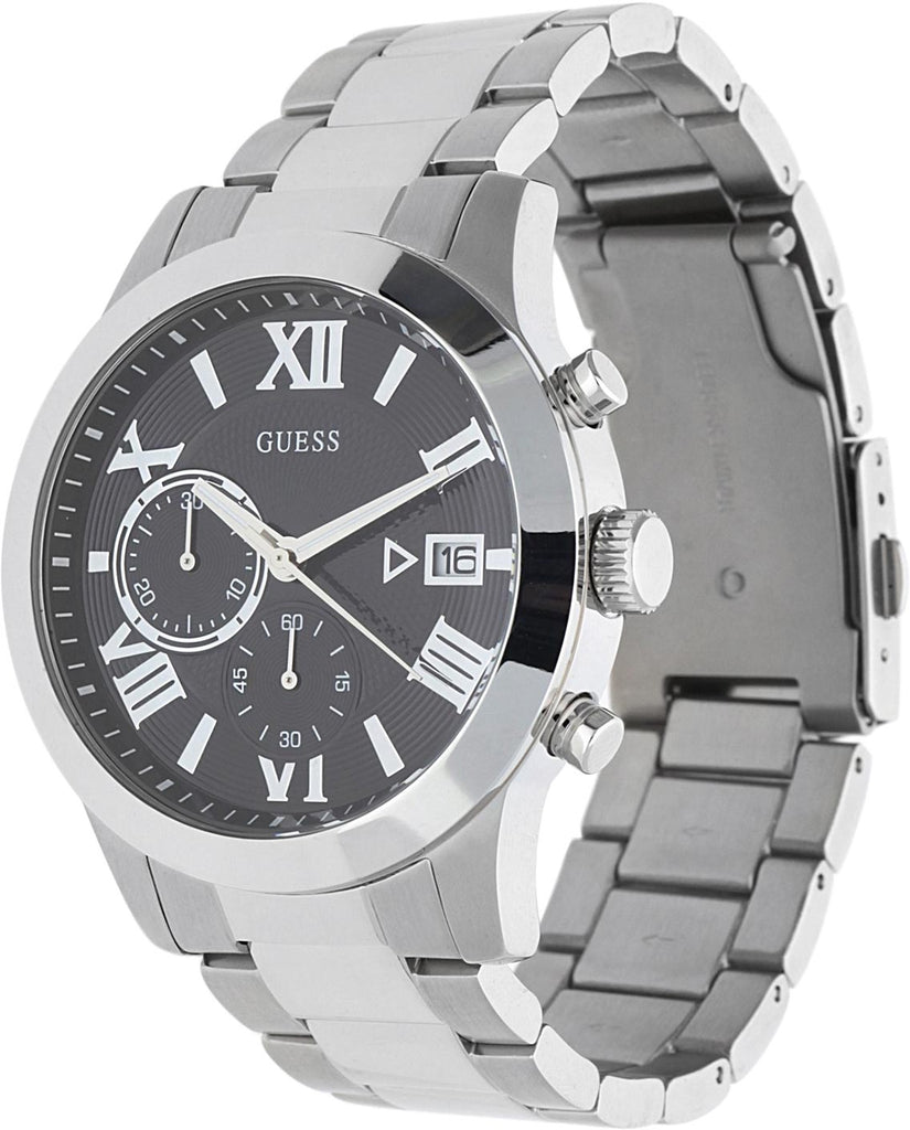 Guess Atlas Chronograph Black Dial Silver Steel Strap Watch For Men - W0668G3 Buy Now By Guess