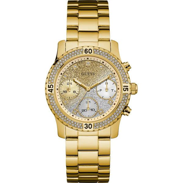 Guess Confetti Diamonds Silver Dial Gold Steel Strap Watch for Women - W0774L5 Buy Now By Guess