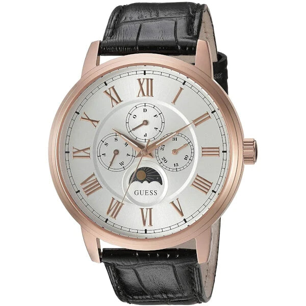 Guess Delancy Quartz Silver Dial Black Leather Strap Watch For Men - W0870G2 Buy Now By Guess
