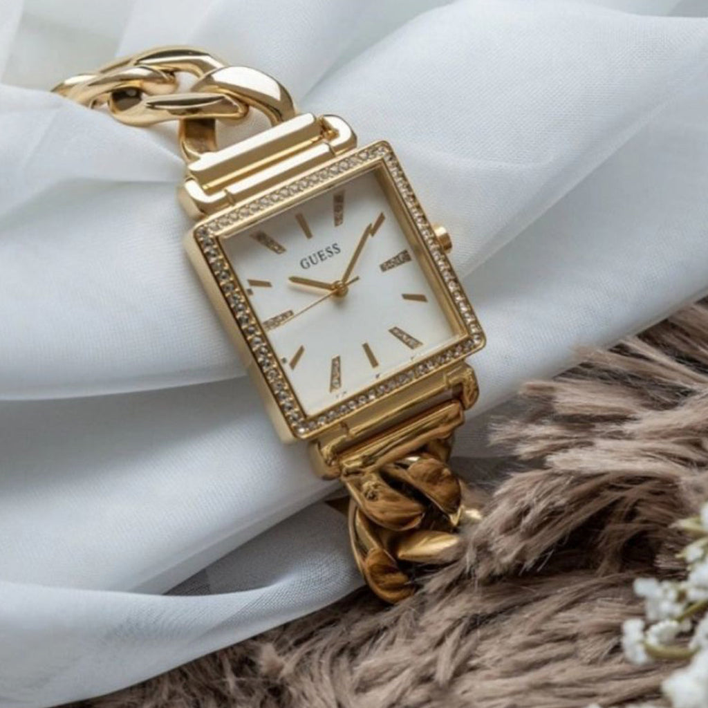 Guess Vanity Diamonds Silver Dial Gold Steel Strap Watch for Women - W1030L4 Buy Now By Guess