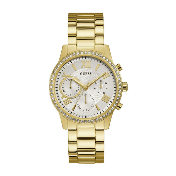 Guess Solar Chronograph Diamonds White Dial Gold Steel Strap Watch for Women - W1069L2 Buy Now By Guess