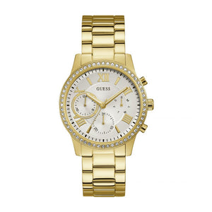 Guess Solar Chronograph Diamonds White Dial Gold Steel Strap Watch for Women - W1069L2 Buy Now By Guess