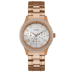 Guess Bedazzle Diamonds Silver Dial Rose Gold Steel Strap Watch For Women - W1097L3 Buy Now By Guess