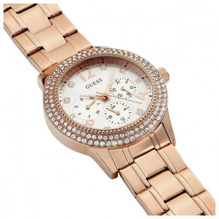 Guess Bedazzle Diamonds Silver Dial Rose Gold Steel Strap Watch For Women - W1097L3 Buy Now By Guess