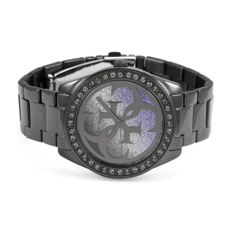 Guess G Twist Diamonds Purple Dial Black Steel Strap Watch For Women - W1201L4 Buy Now By Guess