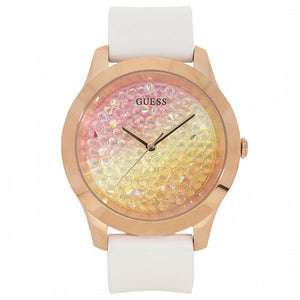 Guess Crush Crystals Gold Dial White Rubber Strap Watch for Women - W1223L3 Buy Now By Guess