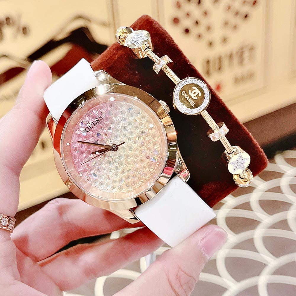Guess Crush Crystals Gold Dial White Rubber Strap Watch for Women - W1223L3 Buy Now By Guess