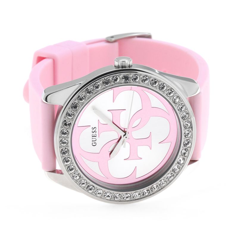 Guess G-Twist Diamonds Silver Dial Pink Rubber Strap Watch for Women - W1240L1 Buy Now By Guess
