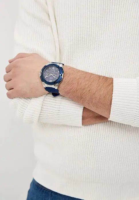 Guess Genesis Multi Function Analog Blue Dial Blue Rubber Strap Watch For Men - W1254G1 Buy Now By Guess