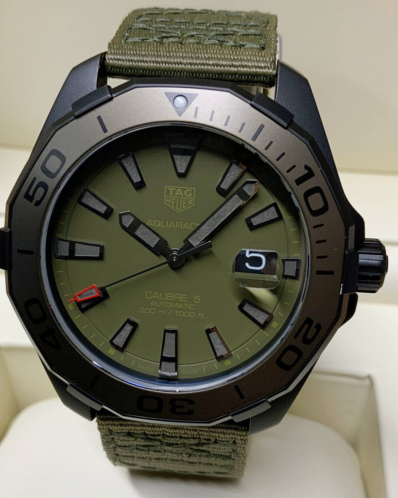 Tag Heuer Aquaracer Automatic Green Dial Khakhi Green Nylon Strap Watch for Men - WAY208E.FC8222 Buy Now By Tag Heuer