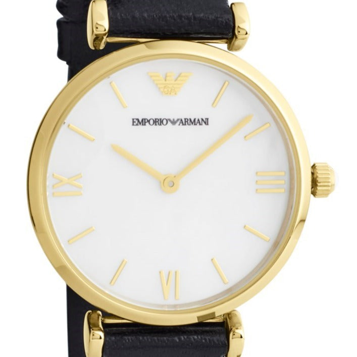 Emporio Armani Gianni T-Bar Quartz Mother of Pearl Dial Black Leather Strap Watch For Women - AR1910 Buy Now By Emporio Armani