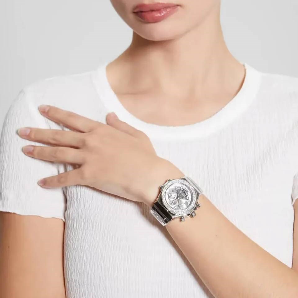 Guess Fusion Chronograph Crystals Silver Dial Silver Steel Strap Watch For Women - GW0552L1 Buy Now By Guess