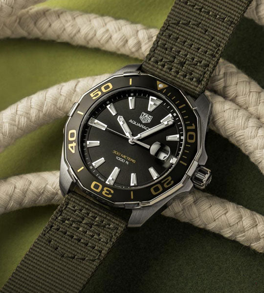 Tag Heuer Aquaracer Black Dial Khakhi Green NATO Strap Watch for Men - WAY101E.FC8222 Buy Now By Tag Heuer