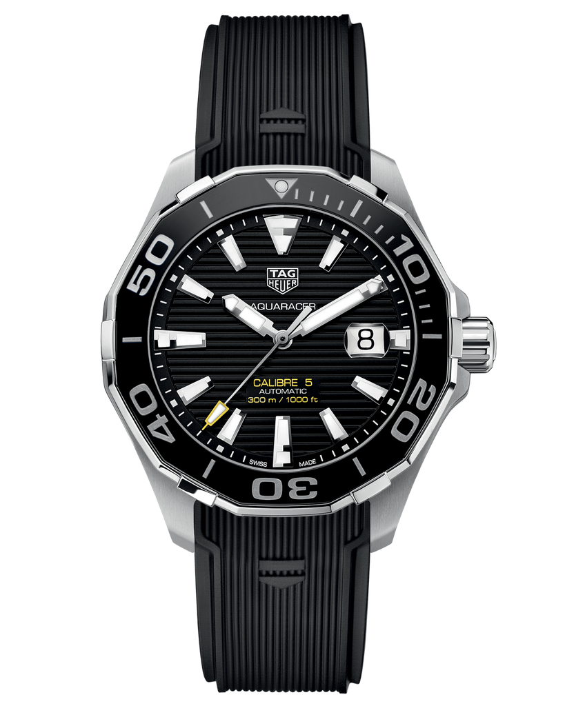 Tag Heuer Aquaracer Calibre 5 Automatic Black Dial Black Rubber Strap Watch for Men - WAY201A.FT6142 Buy Now By Tag Heuer