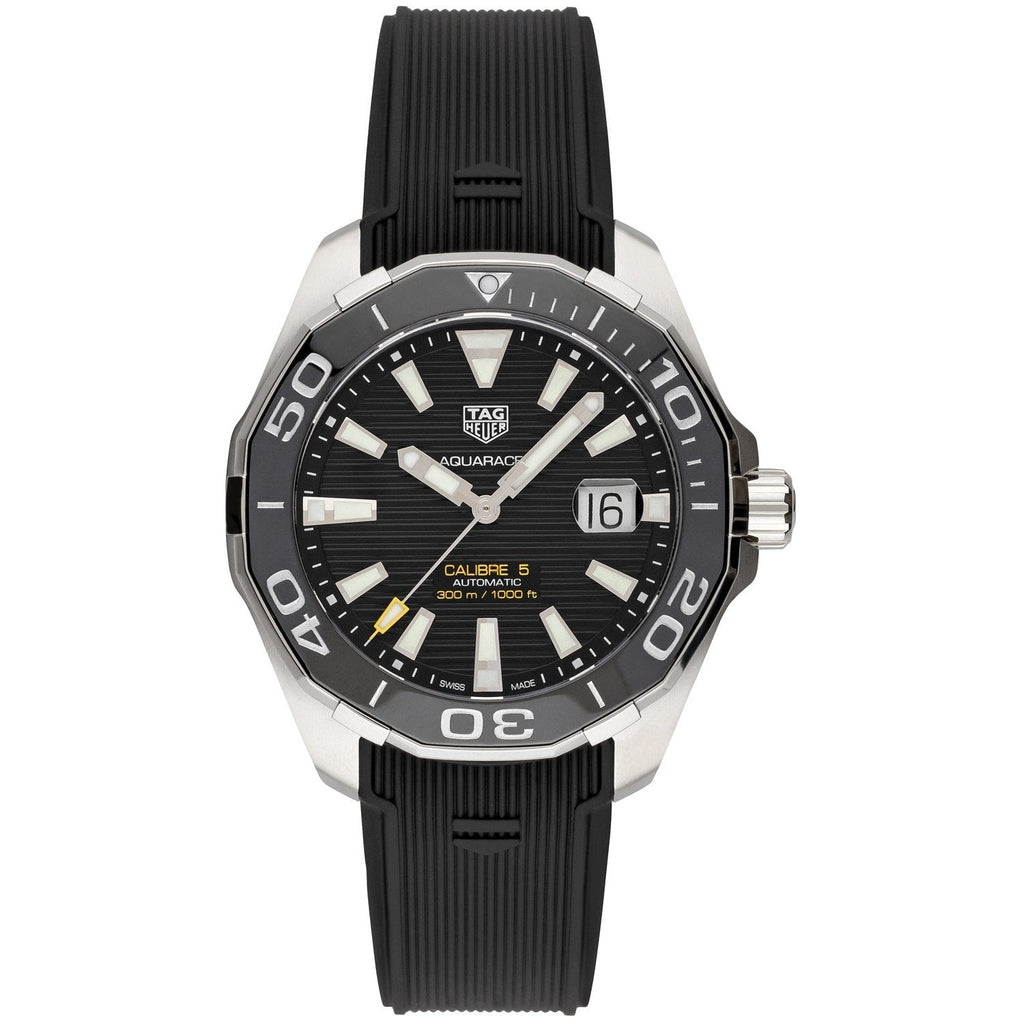 Tag Heuer Aquaracer Calibre 5 Automatic Black Dial Black Rubber Strap Watch for Men - WAY201A.FT6142 Buy Now By Tag Heuer