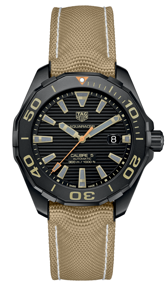 Tag Heuer Aquaracer 300 Calibre 5 Automatic Black Dial Brown Nylon Strap Watch for Men - WAY208C.FC6383 Buy Now By Tag Heuer
