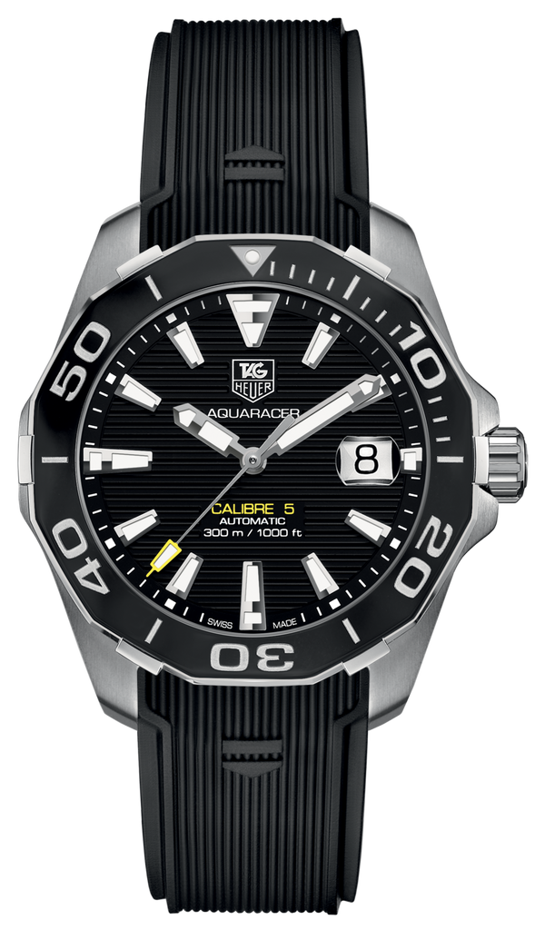 Tag Heuer Aquaracer Calibre 5 Automatic Black Dial Black Rubber Strap Watch for Men - WAY211A.FT6151 Buy Now By Tag Heuer
