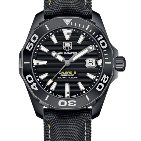 Tag Heuer Aquaracer Calibre 5 Automatic Black Dial Black Nylon Strap Watch for Men - WAY218A.FC6362 Buy Now By Tag Heuer