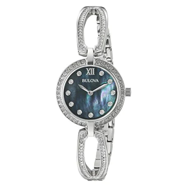 Bulova Crystal Black Mother of Pearl Dial Silver Steel Strap Watch for Women - 96L224 Buy Now By Bulova