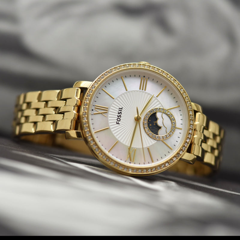 Fossil Jacqueline Moonphase Mother of Pearl Dial Gold Steel Strap Watch for Women - ES5167 Buy Now By Fossil