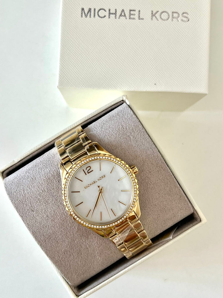 Michael Kors Layton Three Hand Mother of Pearl White Dial Gold Steel Strap Watch For Women - MK6870 Buy Now By Michael Kors