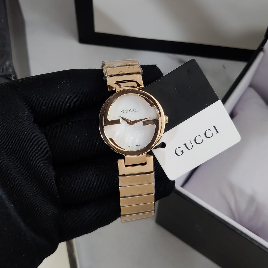 Gucci G Interlocking Mother of Pearl Dial Rose Gold Steel Strap Watch For Women - YA133515 Buy Now By Gucci
