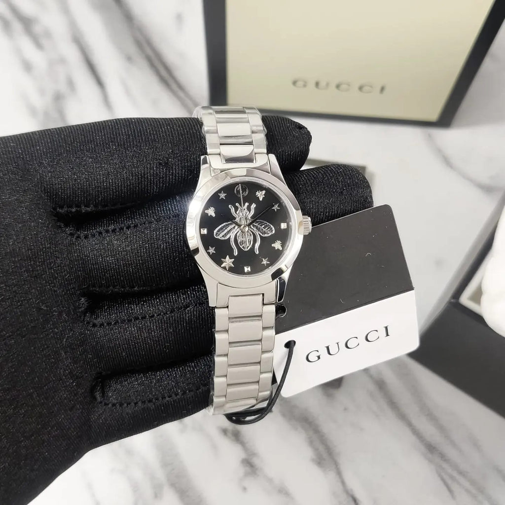 Gucci G Timeless Quartz Diamonds Black Dial Silver Steel Strap Watch For Women - YA1265024 Buy Now By Gucci