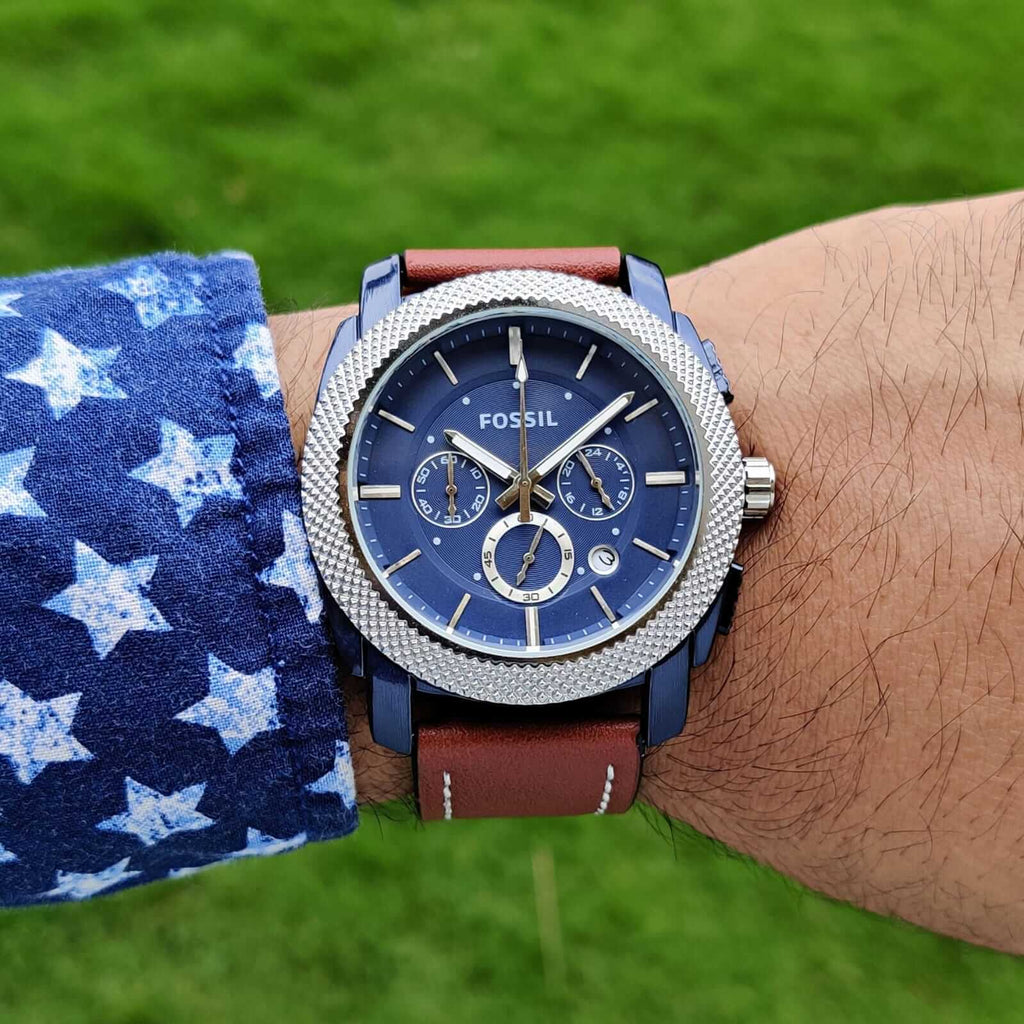 Fossil Machine Chronograph Blue Dial Brown Leather Strap Watch for Men - FS5232 Buy Now By Fossil