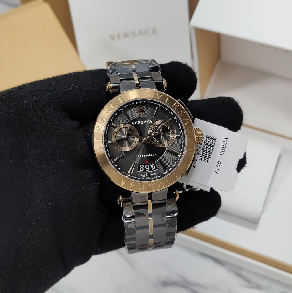 Versace Aion Chronograph Black Dial Grey Steel Strap Watch for Men - VBR050017 Buy Now By Versace
