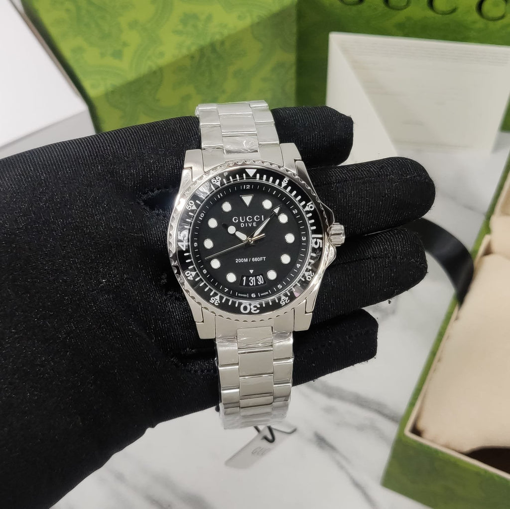 Gucci Dive Quartz Black Dial Silver Steel Strap Watch For Men - YA136301B Buy Now By Gucci