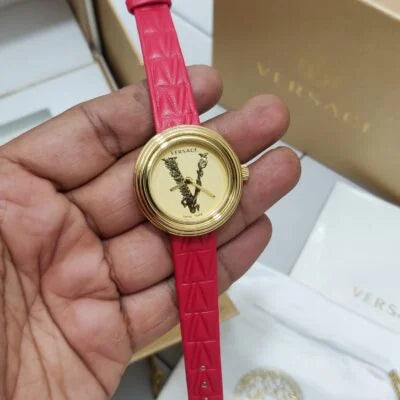 Versace Virtus Mini Quartz Gold Dial Red Leather Strap Watch For Women - VET300521 Buy Now By Versace