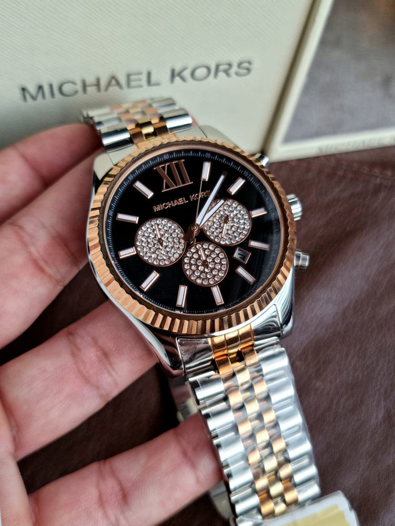 Michael Kors Lexington Chronograph Crystals Black Dial Two Tone Steel Strap Watch for Men - MK8714 Buy Now By Michael Kors