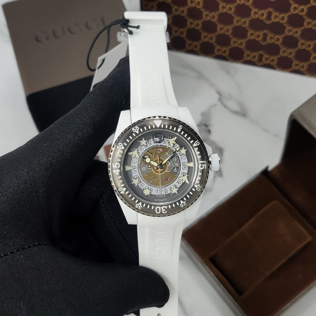 Gucci Dive Automatic Transparent Dial White Rubber Strap Watch For Men - YA136343 Buy Now By Gucci