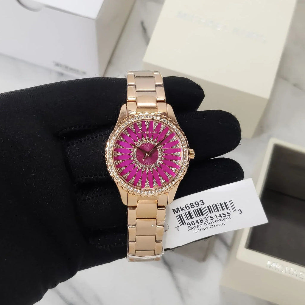 Michael Kors Layton Three Hand Red Dial Rose Gold Steel Strap Watch For Women - MK6893 Buy Now By Michael Kors