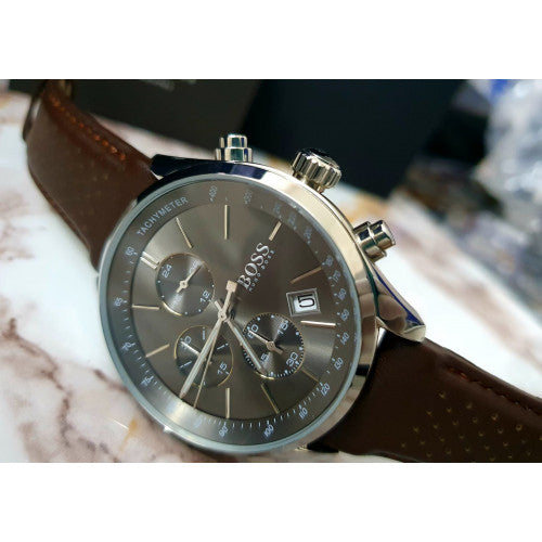 Hugo Boss Grand Prix Grey Dial Brown Leather Strap Watch for Men -  1513476