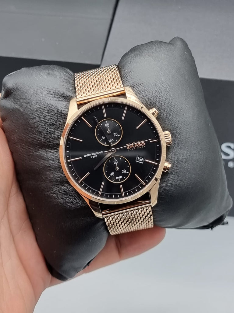Hugo Boss Associate Black Dial Rose Gold Mesh Bracelet Watch for Men - 1513806 Buy Now By Hugo Boss