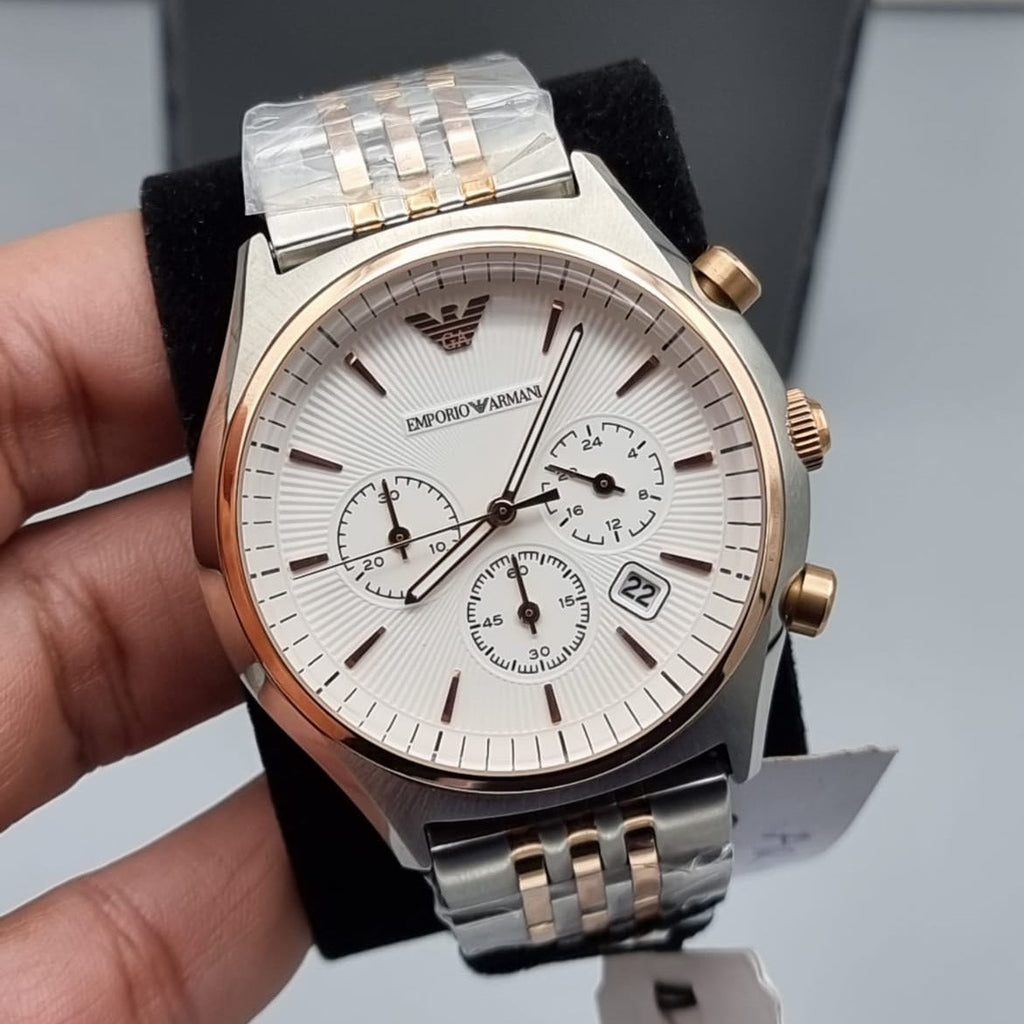 Emporio Armani Zeta Chronograph Quartz White Dial Two Tone Steel Strap Watch For Men - AR1998 Buy Now By Emporio Armani