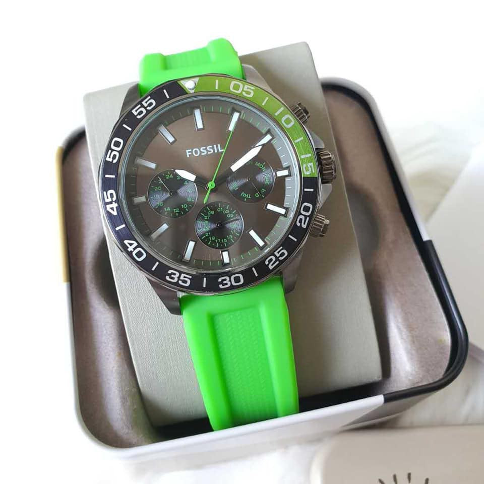 Fossil Bannon Chronograph Grey Dial Green Silicone Strap Watch for Men - BQ2501 Buy Now By Fossil