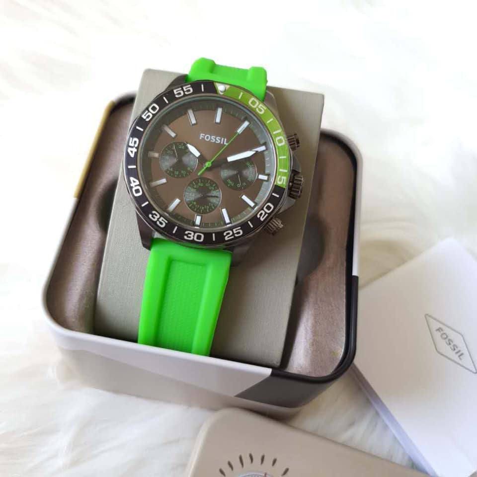 Fossil Bannon Chronograph Grey Dial Green Silicone Strap Watch for Men - BQ2501 Buy Now By Fossil